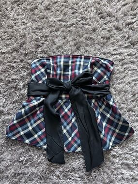 Odille Navy Plaid Strapless Peplum Top with Black Sash